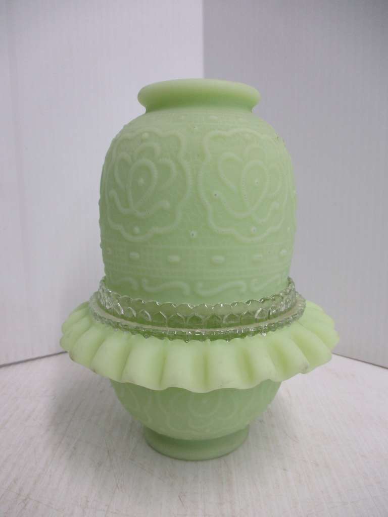 Three-piece lime sherbert fairy lamp, Fenton no. 8408, Persian medallion, marked on base and center glass, 75th anniversary, 6 1/2"H, no chips or cracks