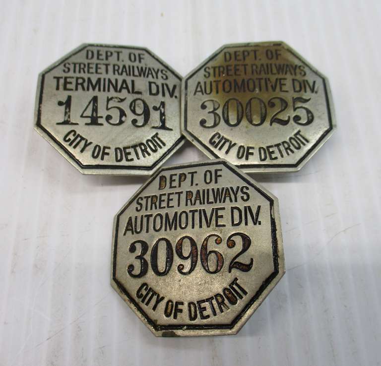 (3) City of Detroit Street Railways employee badges